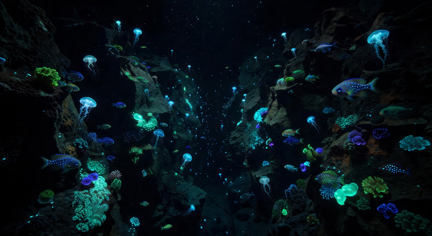 Bioluminescent ocean trench glowing in the dark