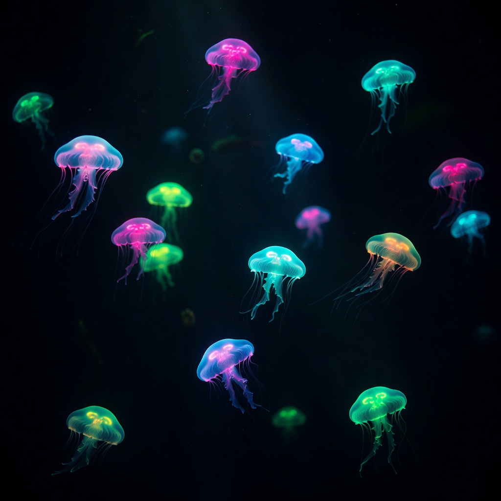 Glowing neon jellyfish in the deep dark ocean